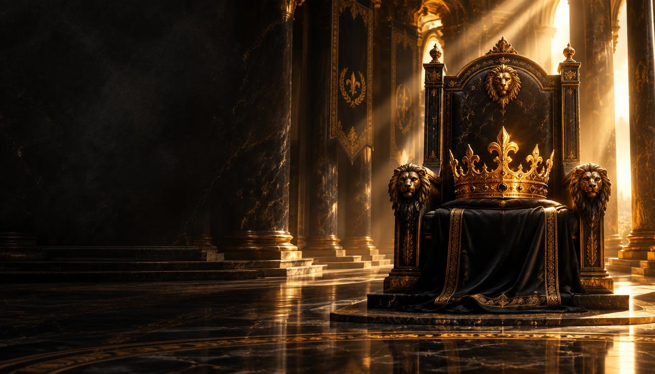 Coroa dourada sobre um trono em templo escuro e iluminado