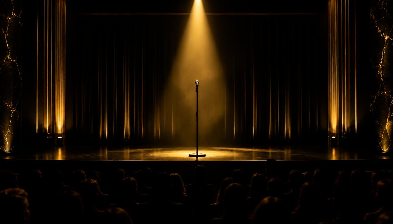 Palco com microfone sob holofote dourado